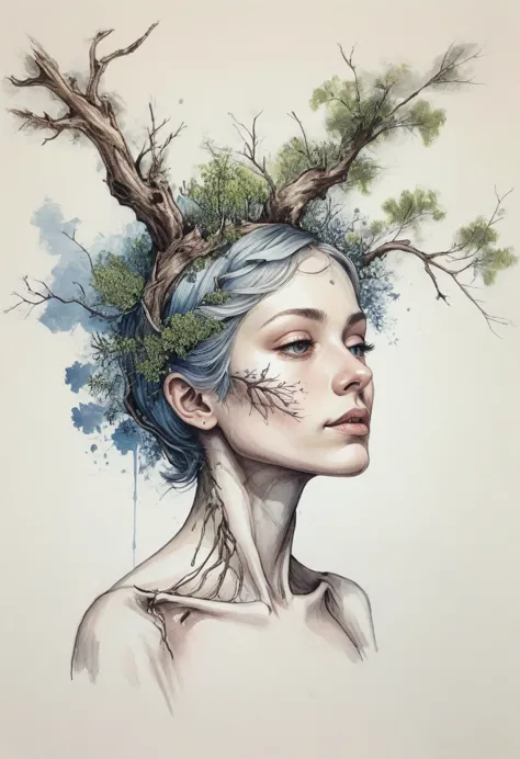 upper body girl, growth,leaf,tree branch on head,branch,fractal, dissect, bone, girl made of branch, ink, scenery break melting,...