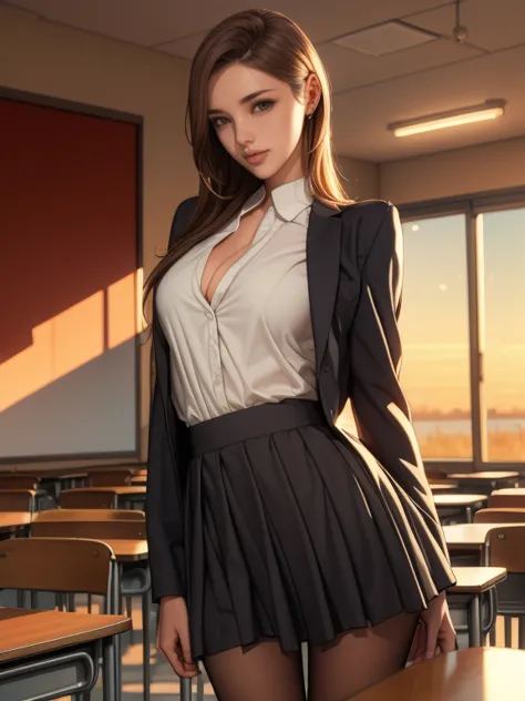 (8k,Photorealistic, masutepiece, Best Quality, Raw photo:1.3)、1woman in, 25years old,Solo,teacher, Long hair, Brown hair, Detail...