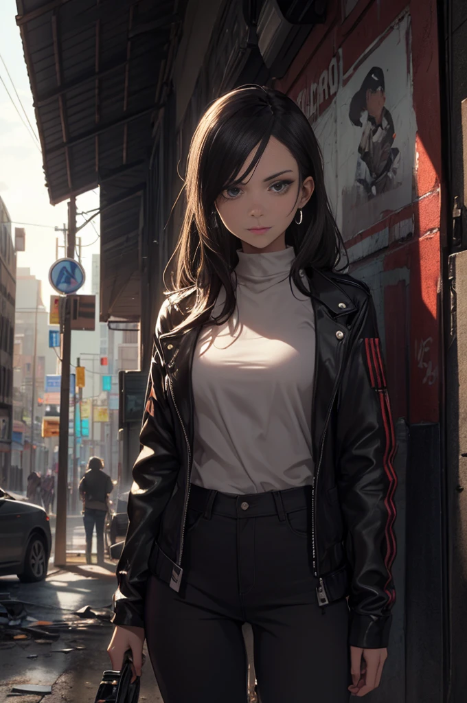 A young woman with a rebellious style, punk-style clothing, an apocalyptic scenery, a mohawk hairstyle, highly detailed, high quality, masterpiece:1.2, HD, ultra-detailed, realistic:1.37, vibrant and vivid colors, sharp focus, studio lighting, physically-based rendering, extreme detail description, post-apocalyptic landscape, graffiti-covered walls, dilapidated buildings, debris-strewn streets, ruins of a city, dramatic clouds in the sky, intense and dynamic lighting, punk accessories, pierced nose and ears, tattoos on her arms, edgy and defiant expression.