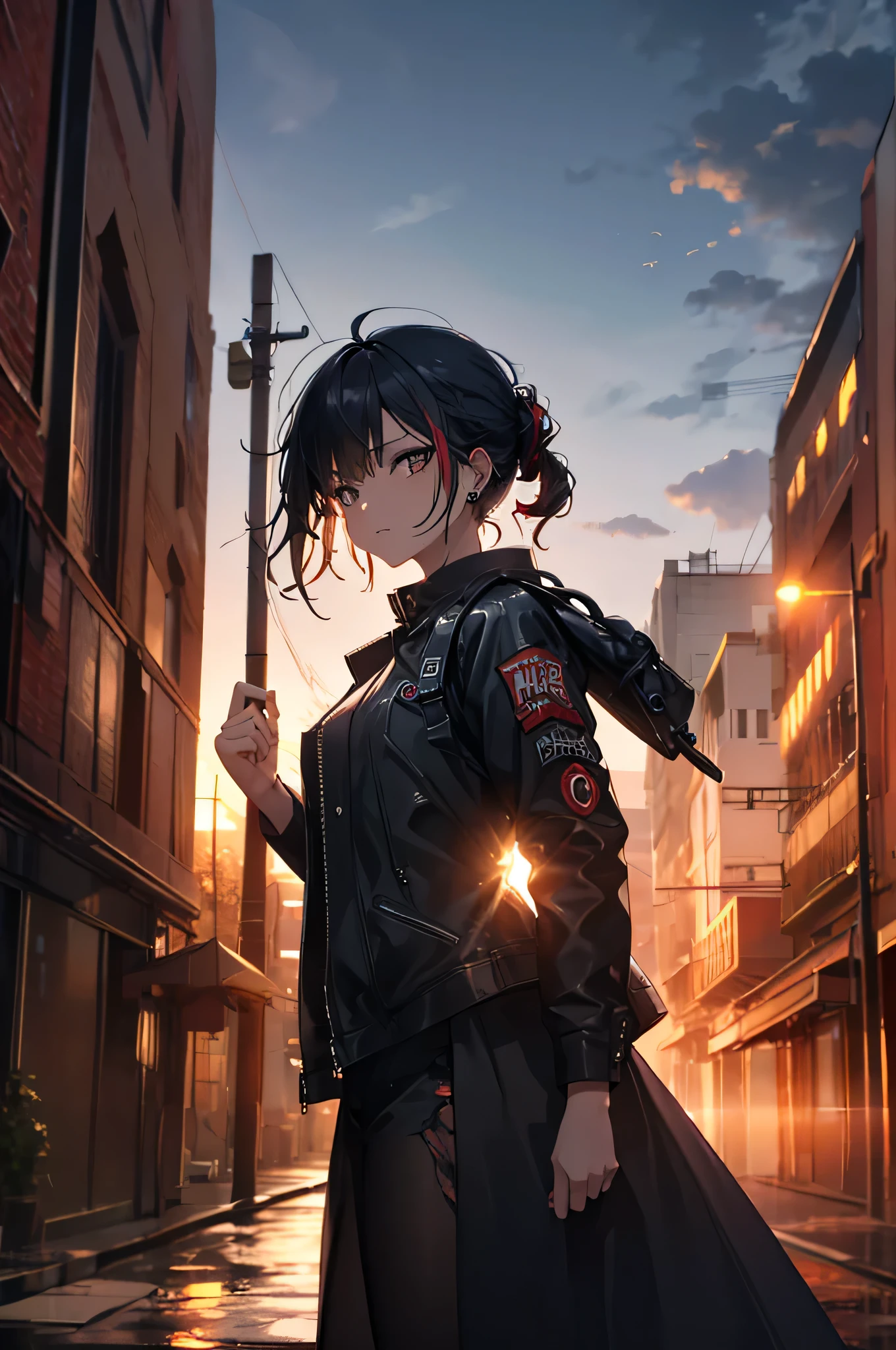 A young woman with a rebellious style, punk-style clothing, an apocalyptic scenery, a mohawk hairstyle, highly detailed, high quality, masterpiece:1.2, HD, ultra-detailed, realistic:1.37, vibrant and vivid colors, sharp focus, studio lighting, physically-based rendering, extreme detail description, post-apocalyptic landscape, graffiti-covered walls, dilapidated buildings, debris-strewn streets, ruins of a city, dramatic clouds in the sky, intense and dynamic lighting, punk accessories, pierced nose and ears, tattoos on her arms, edgy and defiant expression.