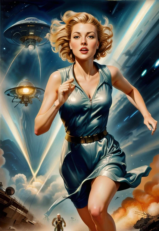 Image of a woman in her 30s running while being chased by a flying saucer, Science - Fine Art, SF poster, Sci-fi fantasy, Sci-Fi illustrations, Science fiction movies, Realistic Sci-Fi Art, Movie Poster Style, Latest SF pinup