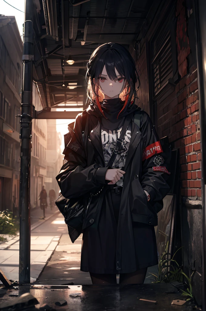 A young woman with a rebellious style, punk-style clothing, an apocalyptic scenery, a mohawk hairstyle, highly detailed, high quality, masterpiece:1.2, HD, ultra-detailed, realistic:1.37, vibrant and vivid colors, sharp focus, studio lighting, physically-based rendering, extreme detail description, post-apocalyptic landscape, graffiti-covered walls, dilapidated buildings, debris-strewn streets, ruins of a city, dramatic clouds in the sky, intense and dynamic lighting, punk accessories, pierced nose and ears, tattoos on her arms, edgy and defiant expression.