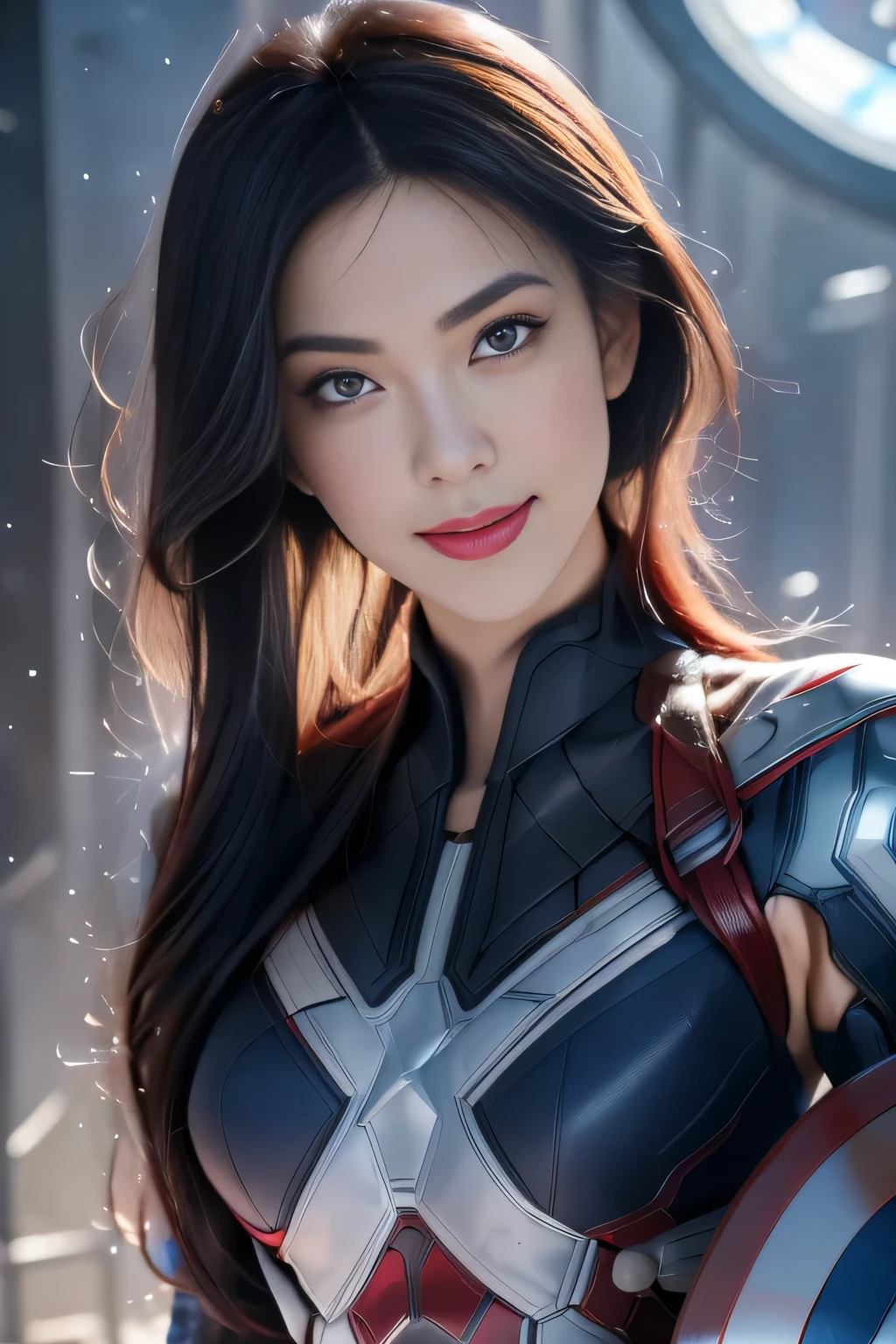 black hair, hair bobbles, wince, longeyelashes, solid circle eyes, light smile, ear blush, fang, Surrealism, drop shadow, anaglyph, stereogram, tachi-e, pov, atmospheric perspective, 8k, super detail, ccurate, best quality，（Captain America Shield：1.5）1 Girl, masterpiece, best quality, 8k, Delicate skin texture, Detailed fabric texture, Beautiful and delicate face, Intricate details, Super detailed, Black Widow imitating Captain America, red straight hair, Dynamic poses