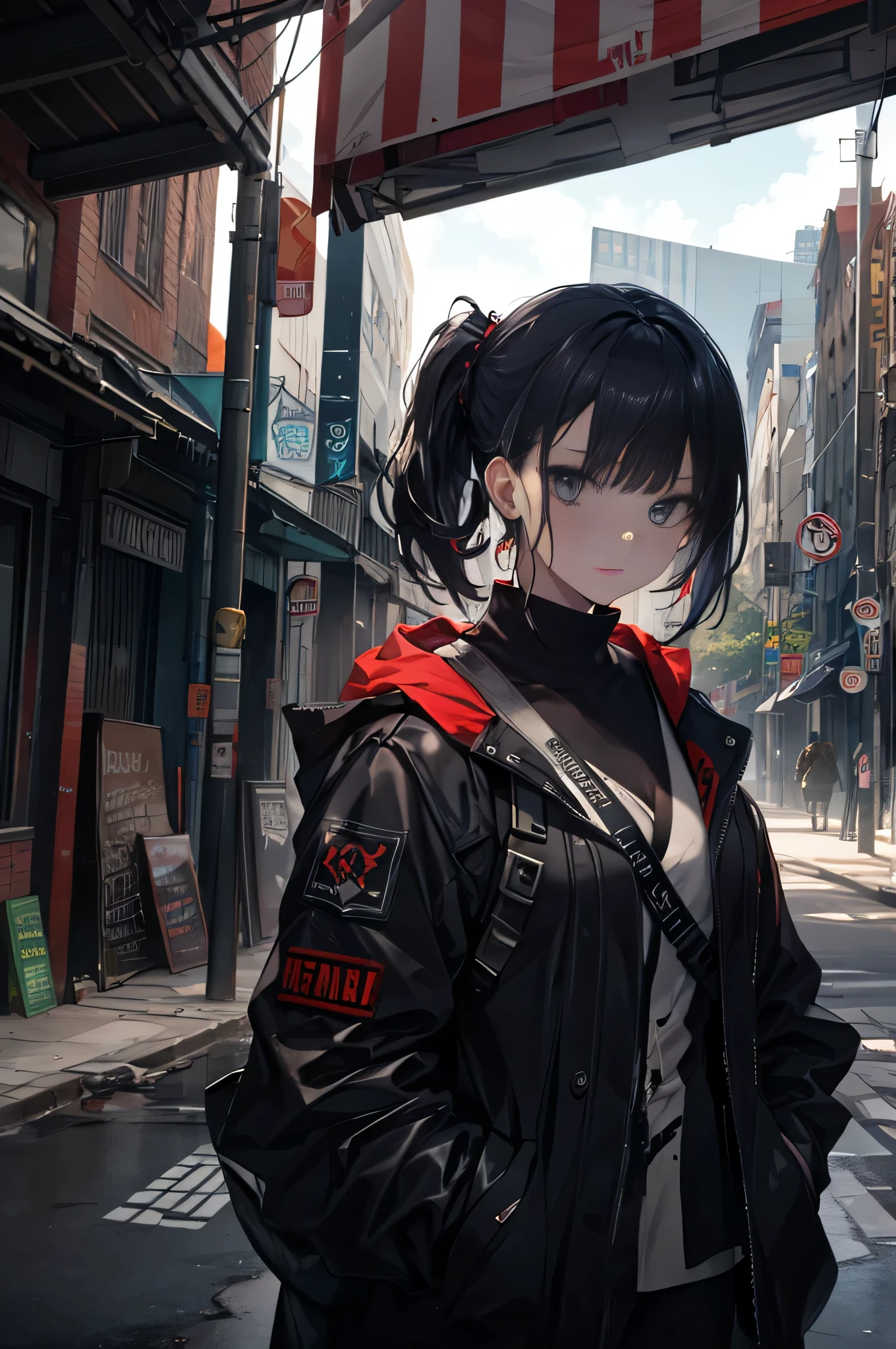 A young woman with a rebellious style, punk-style clothing, an apocalyptic scenery, a mohawk hairstyle, highly detailed, high quality, masterpiece:1.2, HD, ultra-detailed, realistic:1.37, vibrant and vivid colors, sharp focus, studio lighting, physically-based rendering, extreme detail description, post-apocalyptic landscape, graffiti-covered walls, dilapidated buildings, debris-strewn streets, ruins of a city, dramatic clouds in the sky, intense and dynamic lighting, punk accessories, pierced nose and ears, tattoos on her arms, edgy and defiant expression.