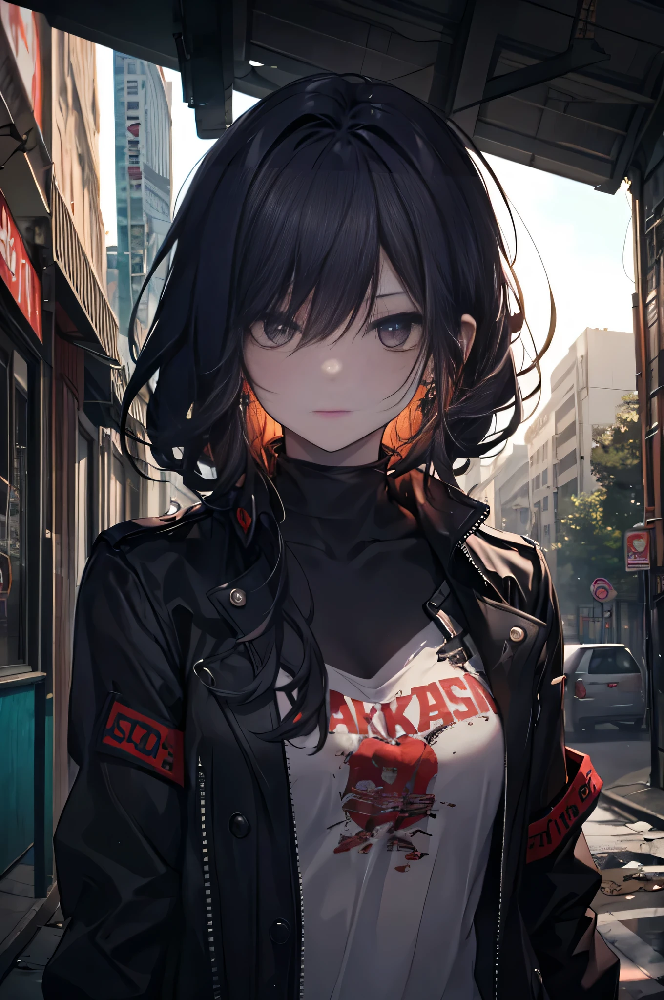 A young woman with a rebellious style, punk-style clothing, an apocalyptic scenery, a mohawk hairstyle, highly detailed, high quality, masterpiece:1.2, HD, ultra-detailed, realistic:1.37, vibrant and vivid colors, sharp focus, studio lighting, physically-based rendering, extreme detail description, post-apocalyptic landscape, graffiti-covered walls, dilapidated buildings, debris-strewn streets, ruins of a city, dramatic clouds in the sky, intense and dynamic lighting, punk accessories, pierced nose and ears, tattoos on her arms, edgy and defiant expression.