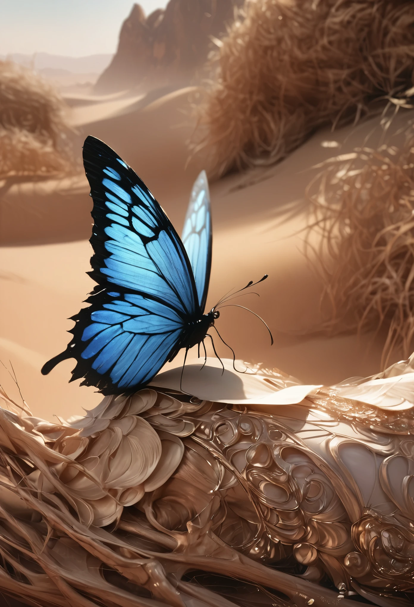 animetoreal, (best quality,4k,8k,highres,masterpiece:1.2),ultra-detailed,(realistic,photorealistic,photo-realistic:1.37),portrait,nature,close-up,macro,blue butterfly,butterfly perched,on a withered branch,in the desert,sharp focus,detailed wings,delicate pattern,dry and barren desert,tranquil scene,subtle sunlight filtering through,tiny grains of sand,contrasting colors,harmony of blues and browns,gentle breeze causing the butterfly's wings to flutter,elegant and graceful,peaceful and serene atmosphere,majestic and fragile beauty,contrast between fragility and harsh surroundings