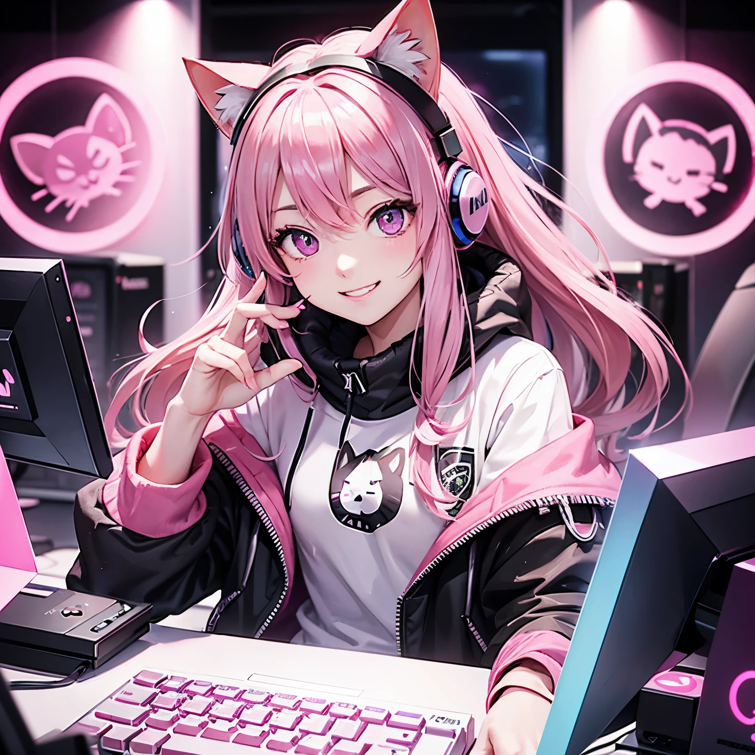 Gamer、headphone、Cat with pink ribbon、Pink Hair、Pink eyes、smile、computer
