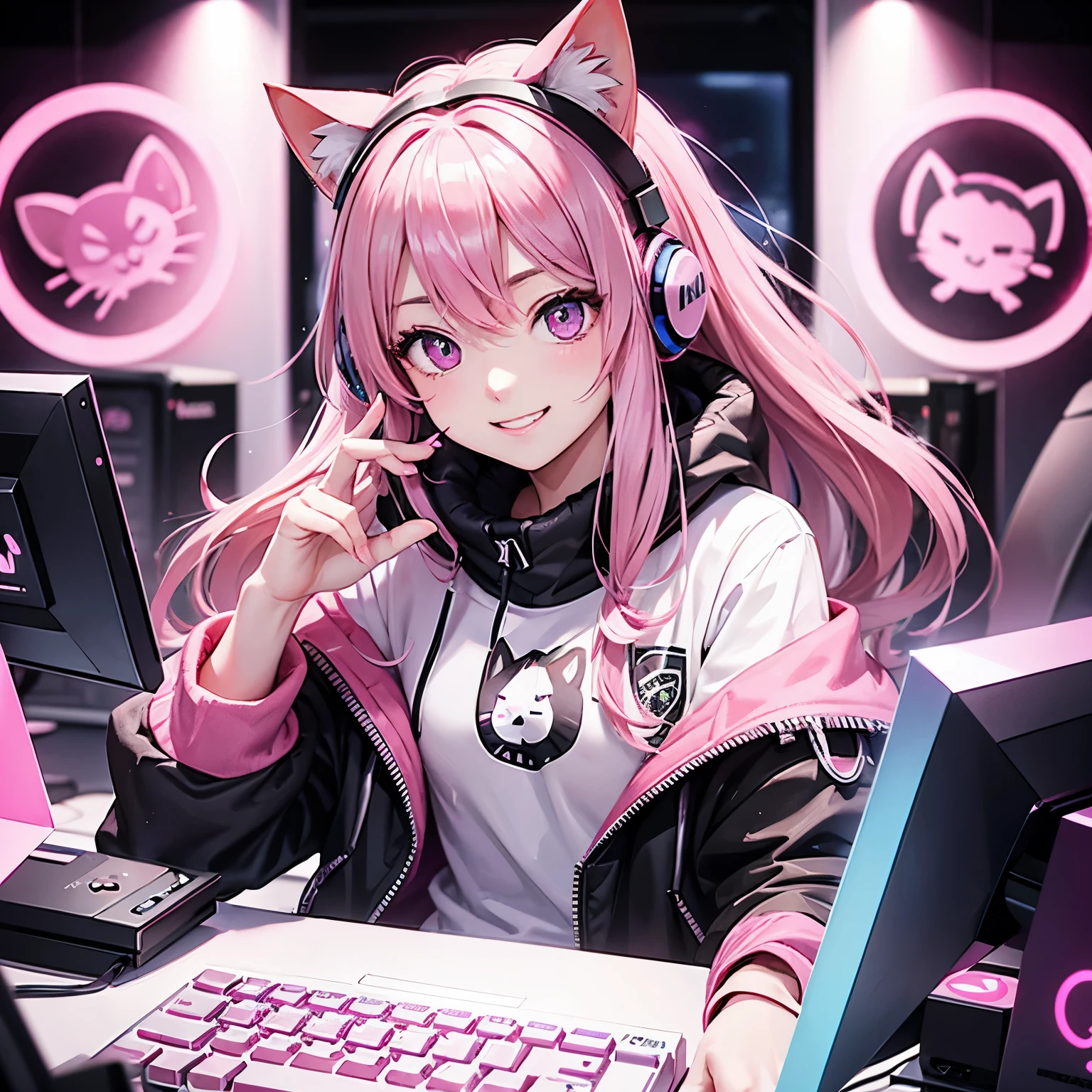 Gamer、Kopfhörer、Katze mit rosa Schleife、pinkes Haar、rosa Augen、lächeln、computer