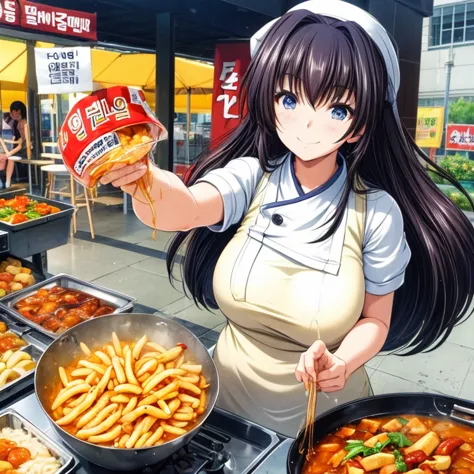 A woman making large quantities of tteokbokki at a Korean food stall　　Tight clothing　highest quality