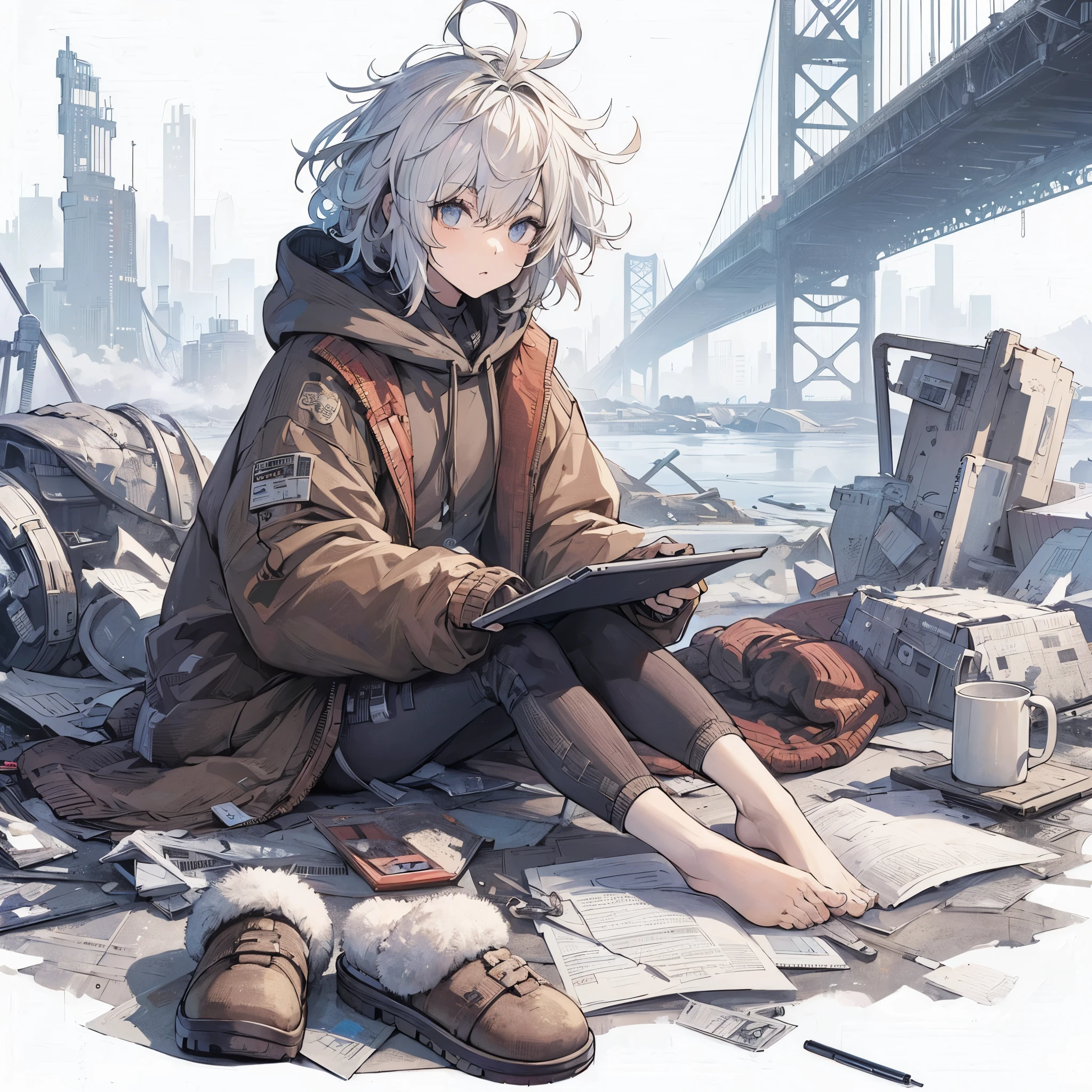 (Masterpiece, top quality), (detailed hair), super detailed, anime style, full body, solo, concept art, Cyberpunk hacker girl with shaggy white hair, a drab hoodie, indoor slippers, and a tablet device, white background, whole body, standing in wasteland,
