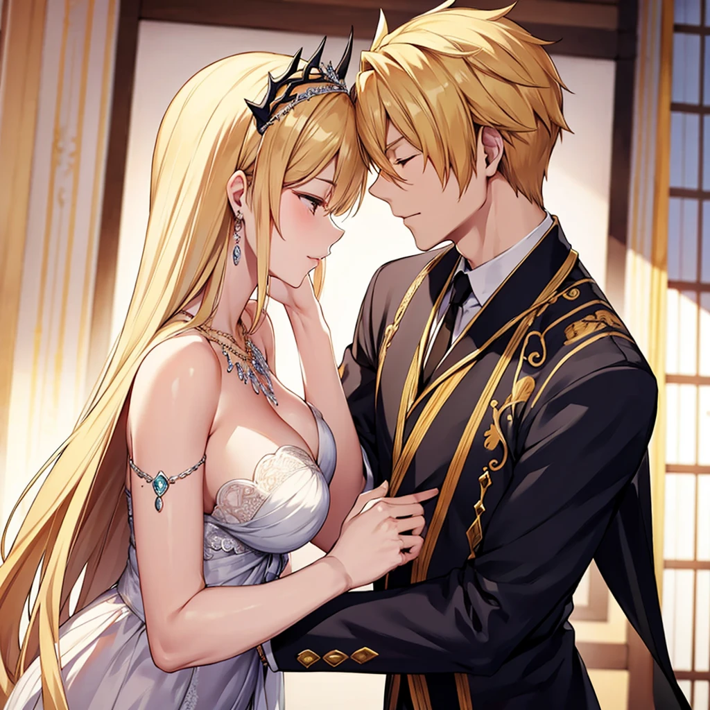 wife and husband、（((Women are１Only people))）((best quality)), ((masterpiece)), (detailed), perfect face、Women areマジカルプリンセス、Devil's horns grow、Ears become pointed and long、Earrings、Bracelet、necklace、Engagement Rings、Blonde、Feather hair ornament、Luxury accessories、Gorgeous tiara、Gold embroidery、Stay close to your husband、((wife and husbandはお互いを抱き寄せて深く誓いのキスをする))（Husband and weddingで誓いのキスをする）、wife loves husband、（Black Veil）、The Demon Queen&#39;s Crown、衣服にGold embroidery、（black luxury dress）、Women are大魔王妃、((My 50-year-old husband is the Demon King、Devil horns growing))、Husband and wedding、((The husband embraces his wife and kisses her))