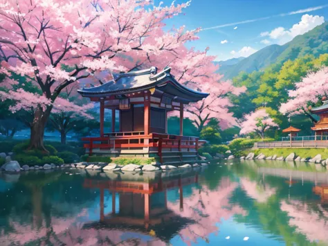 Beautiful shrine scenery, cherry blossoms, loose, anime Background Art, Japanese Art Style, Beautiful anime scene, Detailed Land...