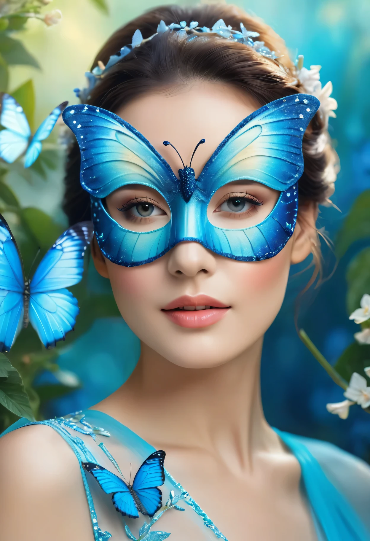 A woman wearing a blue butterfly mask，Portrait close-up，Pastel colors，Nature inspired background，Vibrant Garden，Soft sunlight，Beautiful dress，Subtle texture，Ethereal atmosphere，fantasy，（Best quality，4k，8k，masterpiece：1.2），Ultra Detail，（lifelike，Photo lifelike，Photo real：1.37）