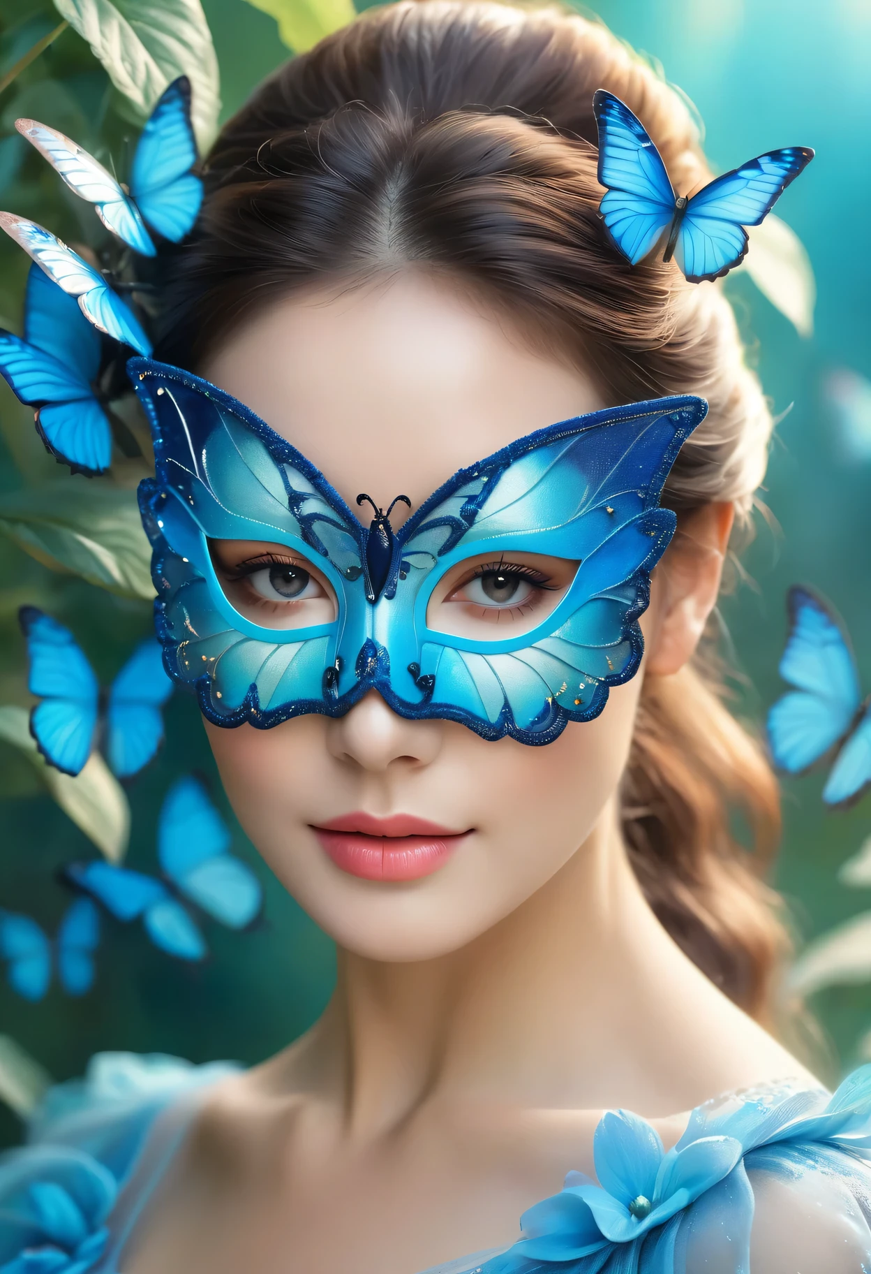A woman wearing a blue butterfly mask，Portrait close-up，Pastel colors，Nature inspired background，Vibrant Garden，Soft sunlight，Beautiful dress，Subtle texture，Ethereal atmosphere，fantasy，（Best quality，4k，8k，masterpiece：1.2），Ultra Detail，（lifelike，Photo lifelike，Photo real：1.37）