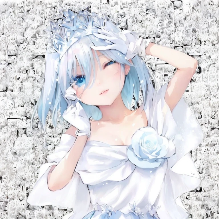 Close-up of a person in a white dress holding flowers, I deny that, Ice Queen, Cirno Anime Portrait, White-haired God, Anime Princess, , Cute girl anime visuals, cirno, Cirno Touhou, pixiv style, hatsune miku short hair, Splash art anime , Icy