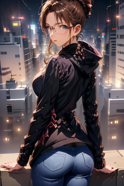 (best quality,4K,8k,high resolution,masterpiece:1.4),（Ultra Detailed,Practical,Delicate face:1.3）,Blue foreground,Depth of Field,From the back,Looking at the audience,look back，City Lights,Motion Blur,night,Decorative，Brown hair，full-body shot，Pink coat，Skinny jeans，Perfect body，Anime style