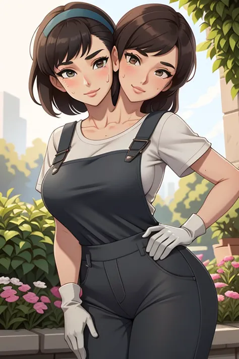 2heads, a tall thin woman with two heads. She is outside in a garden, she is gardening. She is very tall. She is very skinny. Sh...