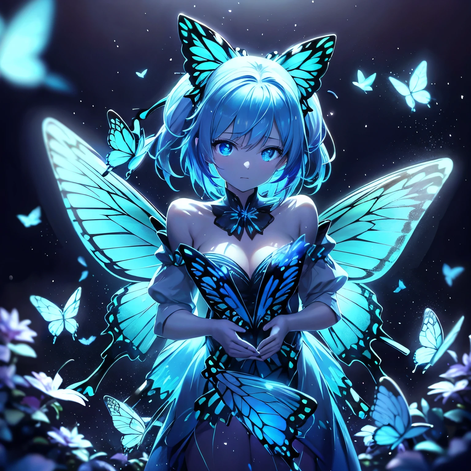 許多藍色蝴蝶在背景中飛翔、霓虹燈