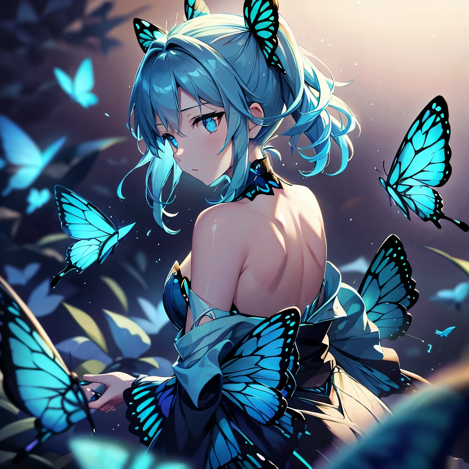 Muitas borboletas azuis, quaisquer borboletas azuis voando ao fundo、Luz neon