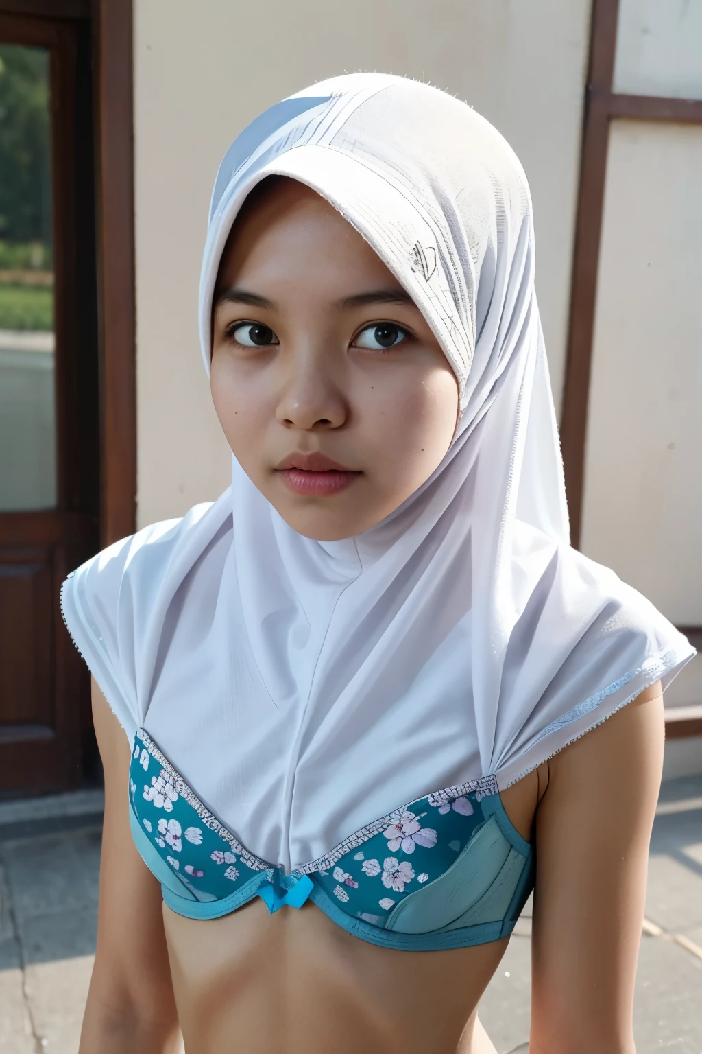 A close up of a woman wearing a white hijab and a blue bikini - SeaArt AI