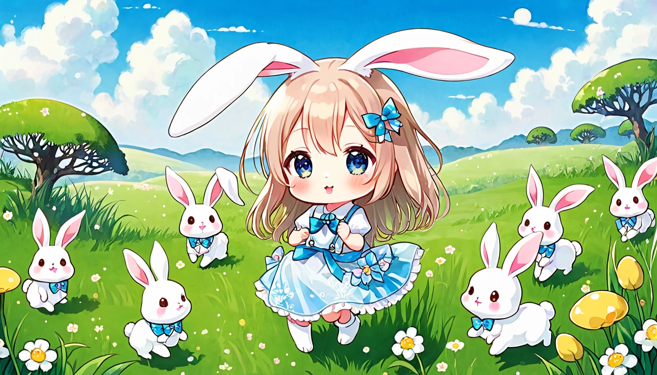  cute ふわふわ, Original Chibi Rabbit, fantasy, cute, rabbit,An illustration, grassland,Girly Bunny,