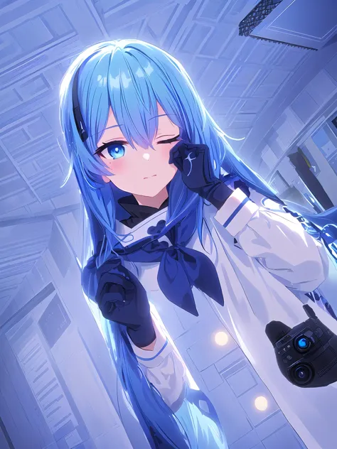 anime - style girl blue hair， anime girl，rubbing eyes half asleep, the left eye is closed, blue hair, dark blue long hair, shot ...