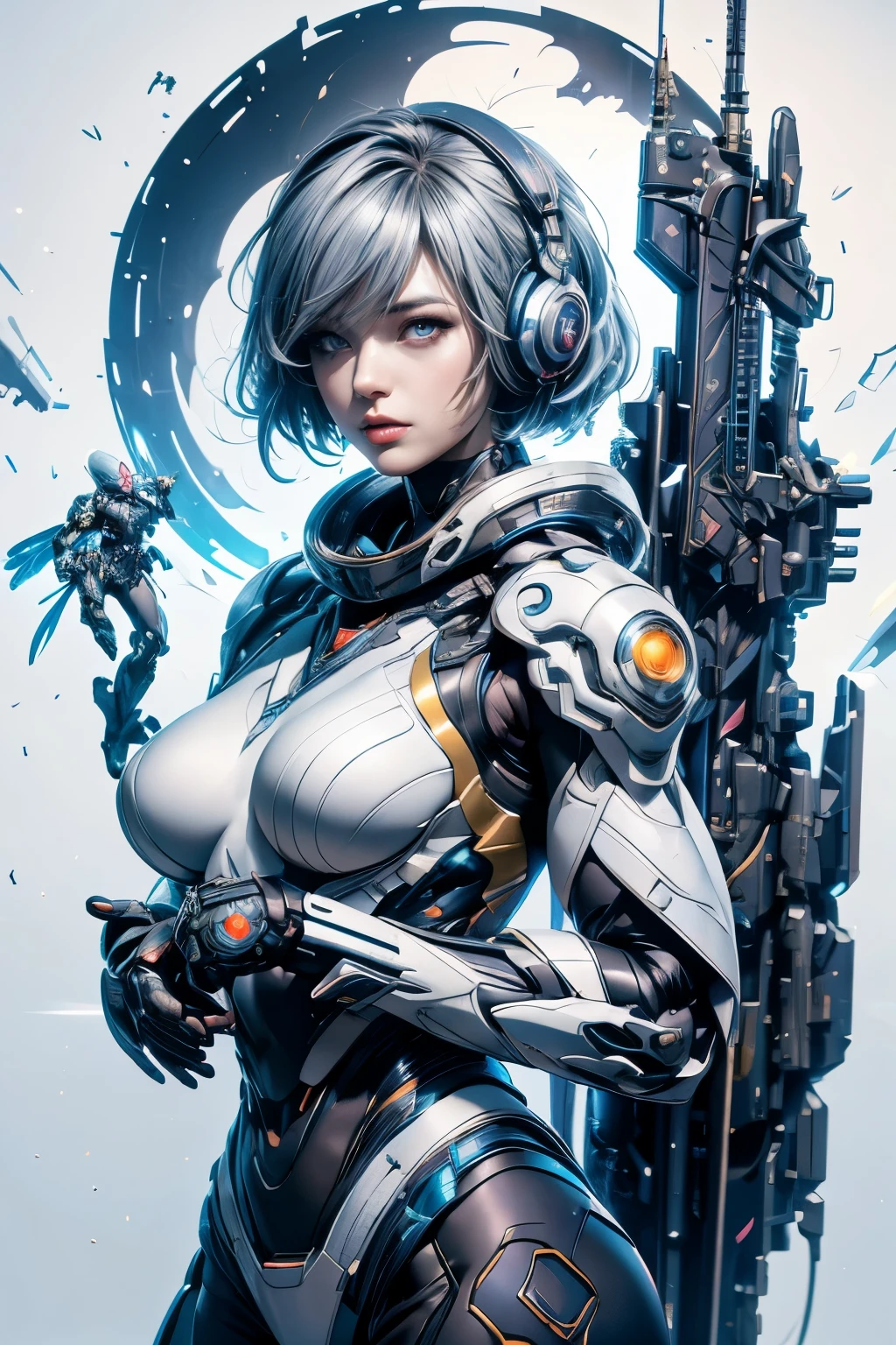 CG Mecha, Beautiful Eyes, Two people、Upper Body, （Mechanic）, action、Female、Portraiture,jet suit、Complex３ｄheadset、perfection、Neon Light, 8k, born, highest quality, Tabletop, 超A high resolution, colorful, (medium wide shot), (Dynamic Perspective), Sharp focus , (Depth of written boundary, Bokeh:1.3),rossdraws cartoon vibrant、Contemporary art, Highly detailed eyes and face,Ninja Artist, Beautiful fine details、iron, Trim Gear:1.2), ((Tabletop, highest quality)), Detailed Background, Inside the spaceship、Grab your weapon、（Gray Hair）、blue eyes、born物発光、Crescent Moon、Fantasy,masterpiece,Plug in、spectrum、confusion、kaleidoscope