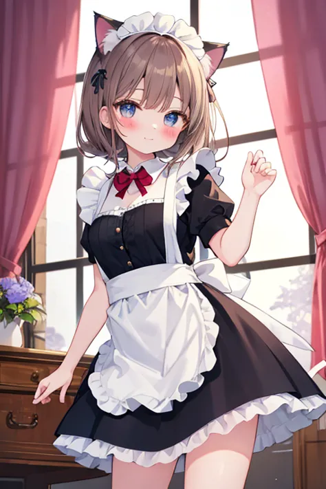 Beautiful illustrations, highest quality, かわいいgirl,beautiful girl、Clear Face、 girl、blush、Perfect hands、Thighs、Cat ear、Maid服、Maid...