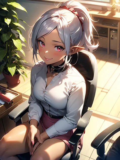 an elf woman, very dark tanned skin, beautiful silver hair, pointed ears, beautiful red eyes, thick pink lips, hair tied up with...