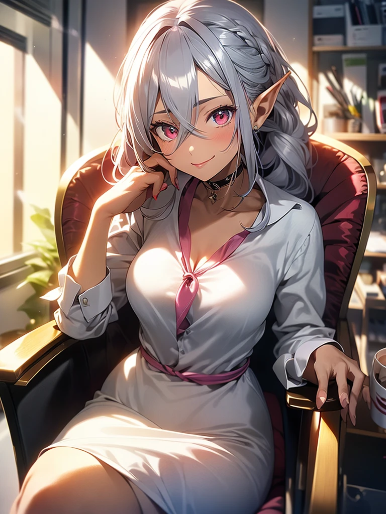 An elf woman, very dark tanned skin, beautiful silver hair, pointed ears, beautiful red eyes, thick pink lips, hair tied up with a hair tie, business suit, in the office, sitting in a business chair, upper body depiction, smiling gently, opening lips, close-up