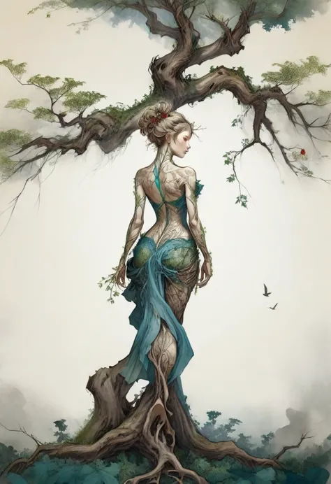 Rear view girl, growth,leaf,tree branch on head,branch,fractal, dissect, bone, (girl made of branch), ink, scenery break melting...