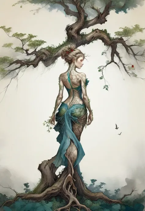 rear view girl, growth,leaf,tree branch on head,branch,fractal, dissect, bone, (girl made of branch), ink, scenery break melting...