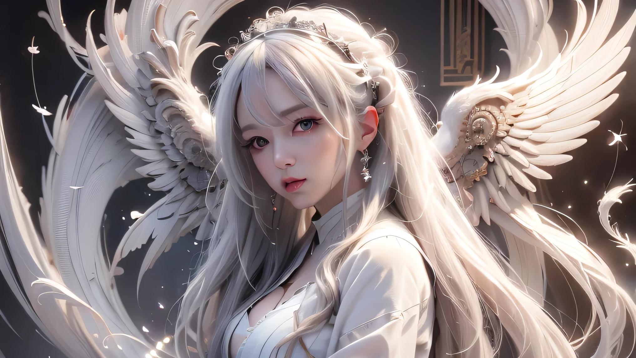 (White Wings 1.2),(White feathers falling in the background 1.1)， （（masterpiece））， （detailed：1.4），Realistic、 Beautiful Woman Images，High resolution（High Dynamic Range），Ray Tracing，NVIDIA，Super Resolution，PBR Textures，Post-processing，Anisotropic Filtering，Maximum depth of field resolution and crisp layer textures，Albedo and Specular Maps，Surface Shading，Accurate simulation of material interactions，Perfect balance，Rendering with Octane，2-color light，Large Diameter，Low ISO，White balance，Rule 3 points、8K raw data、Backlight、Beautiful white and shining skin、Gray hair that changes with light、Long bangs obstruct the view、Highlights of cheek luster、Sexy and very beautiful and adorable face、The most beautiful face in the world、Super long and gorgeous white hair、Smooth straight hair、WHITE hair fluttering in the wind、big, Sparkling bright blue eyes、Beautiful Bangs、Beautiful cute girl 25 years old、Great cleavage、Beautiful dress、From the side
