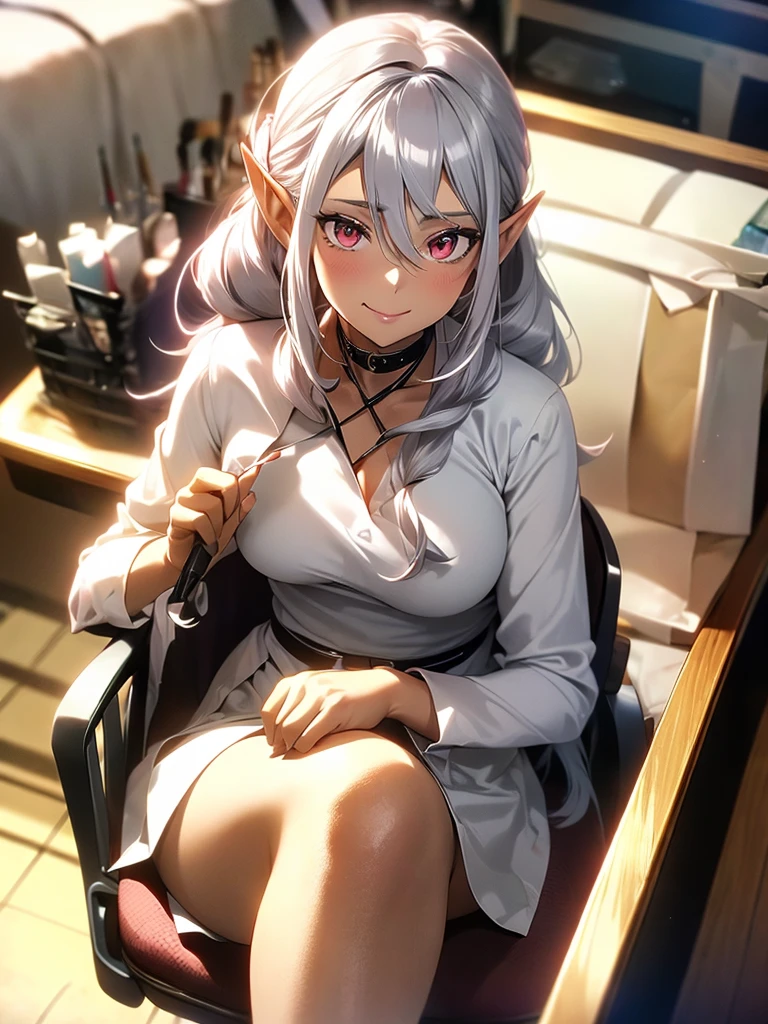 An elf woman, very dark tanned skin, beautiful silver hair, pointed ears, beautiful red eyes, thick pink lips, hair tied up with a hair tie, business suit, long skirt, in the office, on a business chair. Sitting, upper body depiction, gentle smile, smile, open lips, close-up