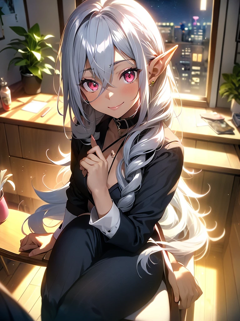 An elf woman, very black tanned skin, beautiful silver hair, pointed ears, beautiful red eyes, thick pink lips, hair tied up with a hair tie, business suit, long skirt, inside the office, night, night view window, sitting in a business chair, upper body description, smiling gently, smile, lips open, close-up