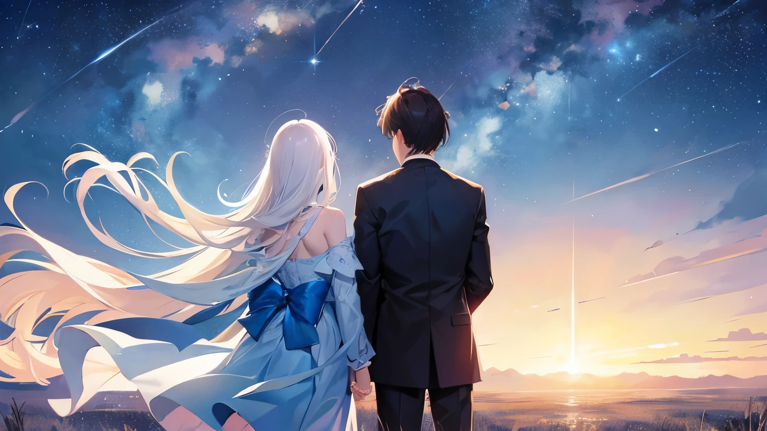 Vast land、Beautiful starry sky、Back view of a man and woman looking up at the sky、Large constellations、