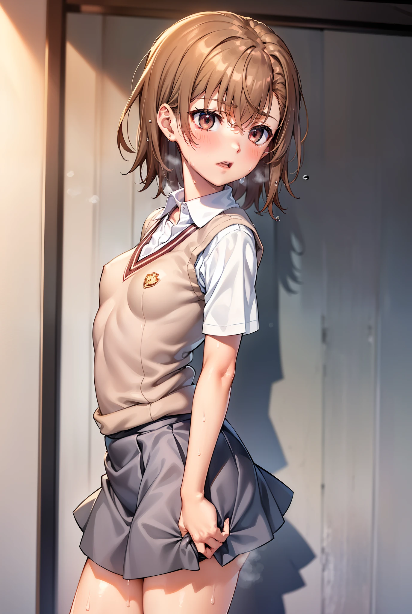 Smooth anime CG art、Focus Only、1 girl、View from the side、(((Grey Skirt)))、Sweater vest、Short sleeve、(((Small breasts)))、(((sweat)))、Semi-short hair、(((Sweaty)))、Watery eye、blush、(((Embarrassed look)))、((Open your mouth))、(((Are standing)))、((indoor))