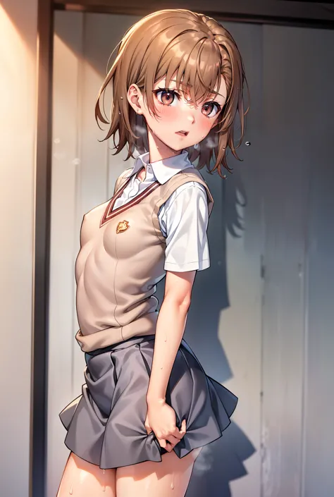 Smooth anime CG art、Focus Only、1 girl、View from the side、(((Grey Skirt)))、Sweater vest、Short sleeve、(((Small breasts)))、(((sweat...