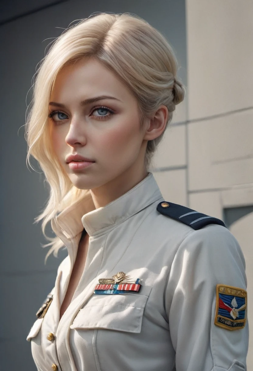 Imagen de portada de la película,Como una persona real,vestido educado,imagen de portada de acción de guerrero de guerra),(Fundación de referencia cinematográfica : 1.8 ),actual,Uniforme universal blanco de la Fuerza Aérea,(resolución de rostro realista),pose cinematográfica,AS-Adulto,flaco,pequeño,1 Mujer con cabello rubio intenso,cara seria,ficción científica,ciencia ficción,Diferentes roles