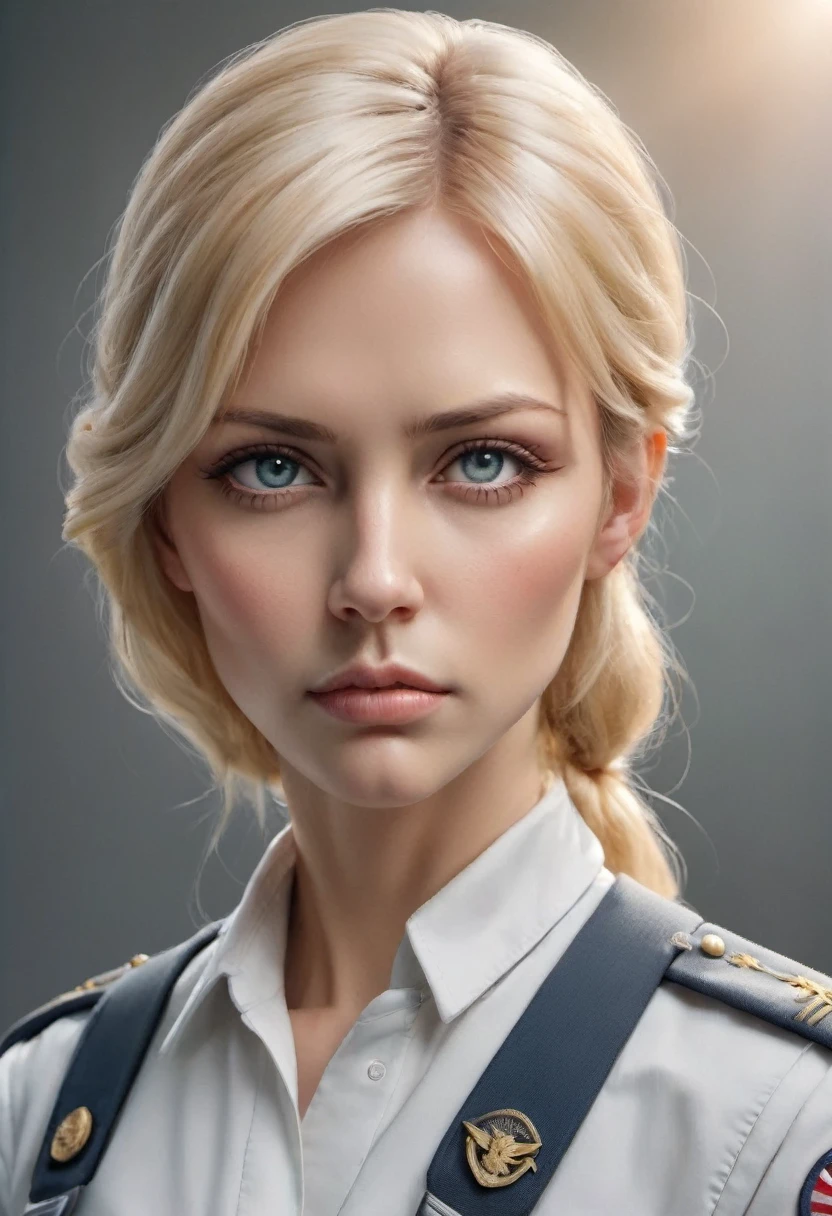 Movie cover image,Like a real person,polite dress,war warrior action cover picture),(Film Reference Foundation : 1.8 ),actual,White Air Force Universal Uniform,(realistic face resolution),cinematic pose,AS-Adult,Skinny,small,1 Woman with deep blonde hair,serius face,scientific fiction,sci-fy,Different roles