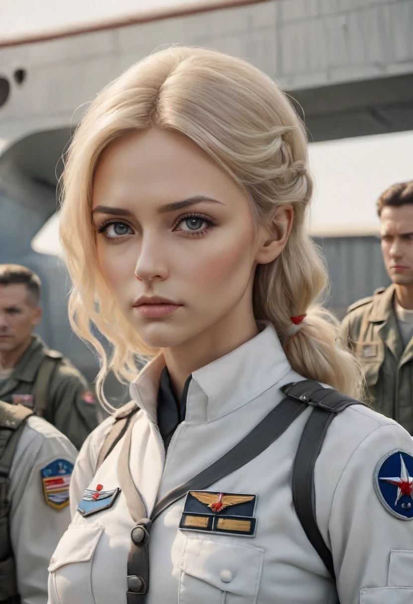 Movie cover image,Like a real person,polite dress,war warrior action cover picture),(Film Reference Foundation : 1.8 ),actual,White Air Force Universal Uniform,(realistic face resolution),cinematic pose,AS-Adult,Skinny,small,1 Woman with deep blonde hair,serius face,scientific fiction,sci-fy,Different roles