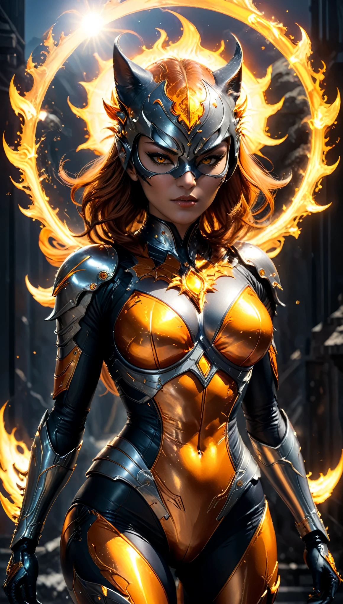 Guild Wars 태양 악마 Catwoman은 상징적인 악당의 태양 악마 테마 버전입니다., 오렌지색과 은색 의상을 입고, 태양의 힘을 보여주기 위해 디자인된 그녀의 슈트, 태양신과 슈퍼악마의 융합을 형상화. 역동적인 액션 포즈. (((걸작, 복잡한 세부 사항, 운동의, 메가픽셀, 완벽한 빛, 광선 추적 반사))), 시네마틱, 사진, 개념 미술, 다크 판타지