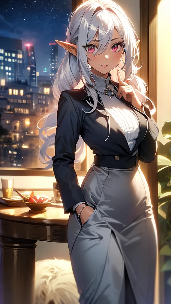 An elf woman, very dark tanned skin, beautiful silver hair, pointed ears, beautiful red eyes, thick pink lips, hair tied up with a hair tie, dark blue jacket, business suit, long skirt, business office. Inside, night, night view window, upper body description, gentle smile, smiling face, open lips, close-up