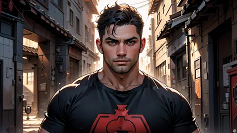 um homem forte, shirt with a heroic logo using the letter c, in an alert position in a dimly lit alley, anatomia humana perfeita...