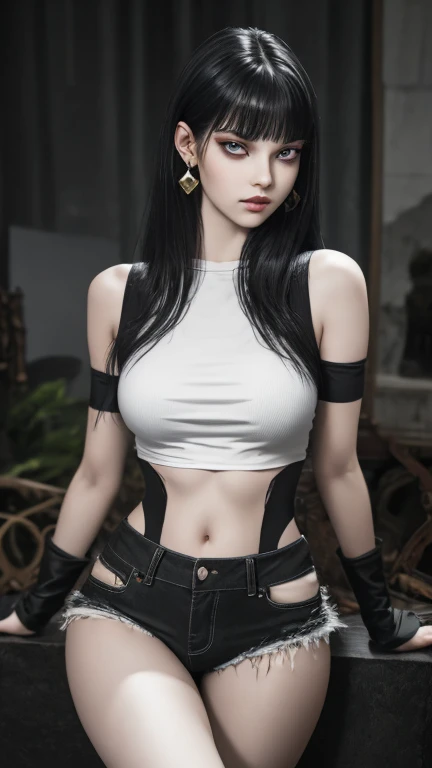 Ultra realistic, real girl, 16K, best quality, High resolution, hot atmosphere, dream atmosphere, 1 girl, tall, 18 years old, Long messy black hair, cute bangs over the forehead, evil eyes, sexy eyes look, skin being illuminated, realistic shading, pale-white skin, light-grey skin, Realistic textures, wearing alternative black outfit, earrings, fit slim tall body, big natural breasts, realistic slim hot body, tall and hot girl, seductive, sensual posture, big hips, thick legs, torn clothes, multiple sexy positions in different types of angles, blurred background, Depth, dream aesthetic, Atmosphere of dream, cinematic lighting. 