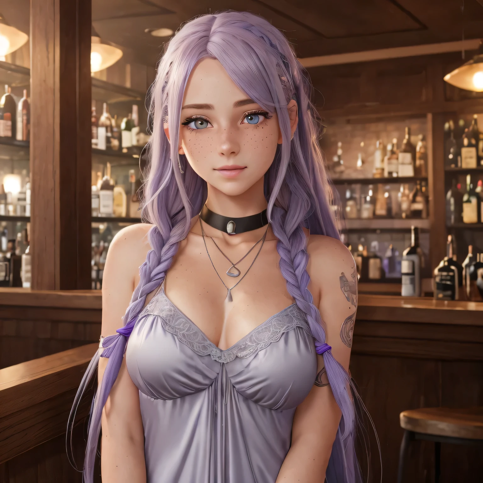 A young woman with (long lavender colored hair with a single braid accent),(grey colored eyes),(youthful freckles over nose), (anime) in bar, (choker necklace), (mischievous troublemaker), (sh44r) ,(bar setting). (best quality, 4k, highres, masterpiece:1.2), (ultra-detailed), (realistic, photorealistic:1.37), (vivid colors), (portrait), (bokeh), (soft lighting) full body photo,satin nightgown