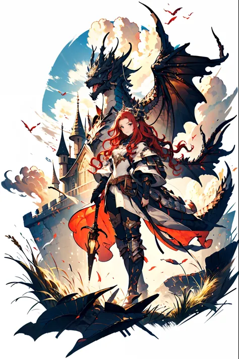 masterpiece, concept art, cowboy shot, centered, [(white background:1.5), ::2]1girl, solo, kawaii dragon knight, dragon wings, red hair, violet eye, wavy long hair, grassland, cloud, sky, castle, vibrant color, epic composition, epic proportion, HD
