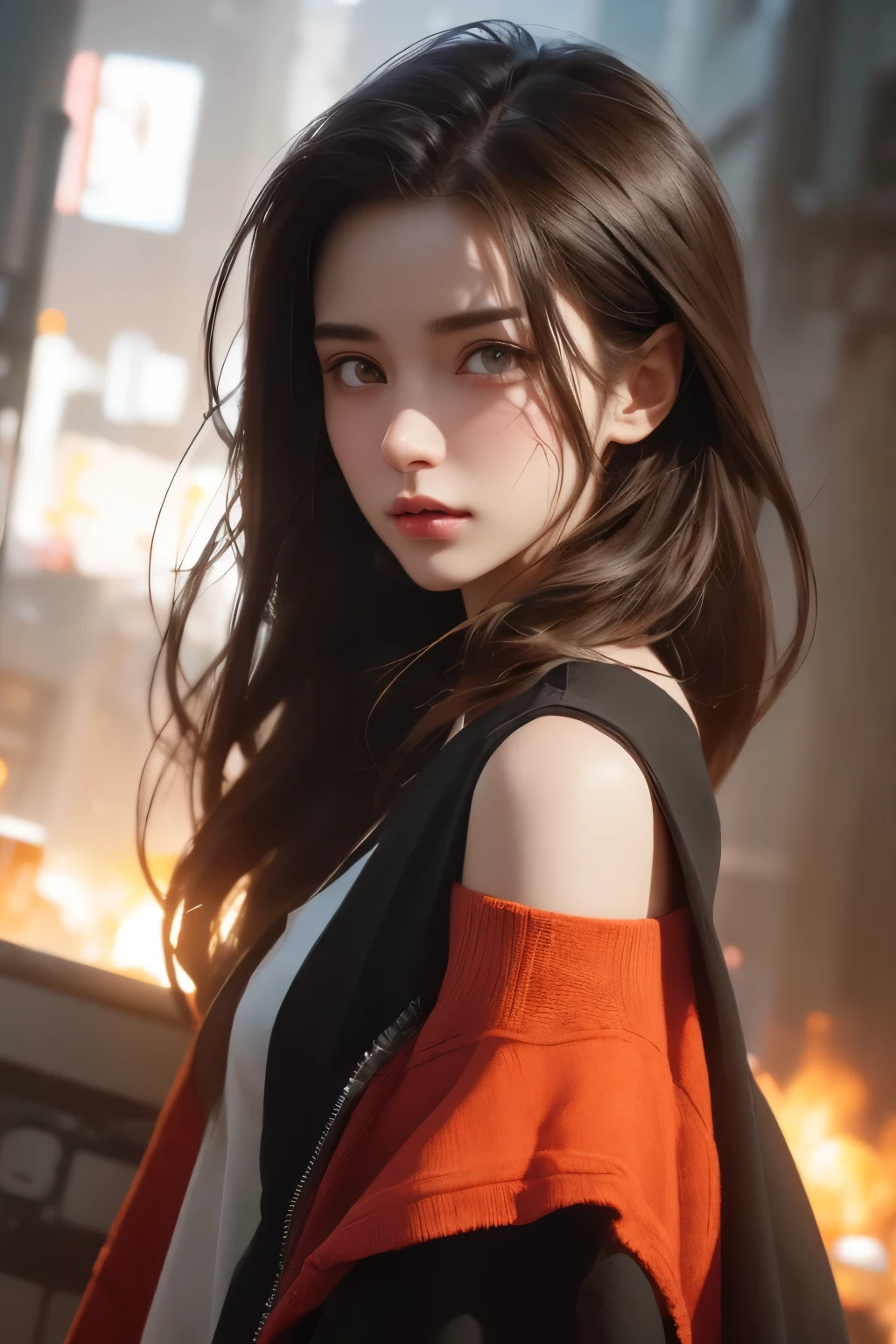 ultra detailed visually rich anime concept art illustration of a woman cap with brown hair, oversized  white sweater hanging off one shoulder, black ripped jeans. Standing  in a city. cute Higuchi's playful and vibrant hues, and Mead's sleek and futuristic tones, light particles, colorful, cmyk colors, backlit, cyberpunk. Split Complementary Color scheme, bold lines, bold outlines, best quality, strong ink lines dark softbox image, raytracing, cinematic, HDR anime, photorealistic anime. hyper realistic lifelike texture, dramatic lighting, unreal engine, trending on artstation,  Shallow depth of field, striking colors, rendering