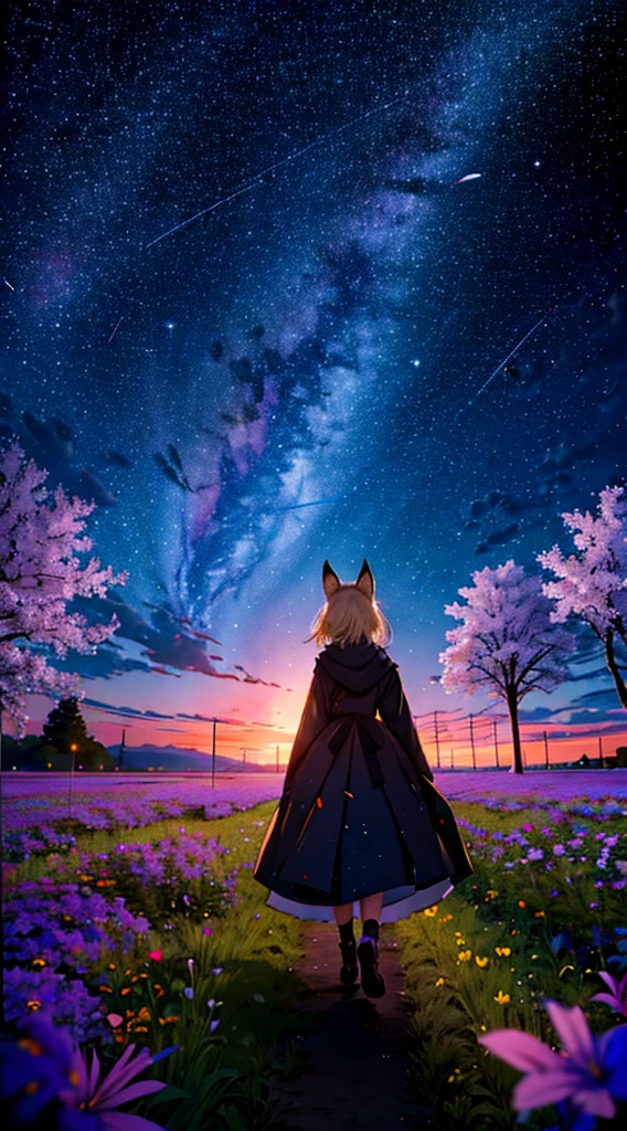 １people々々々々々々々,Woman with medium length blonde hair，Fox Ears，Long coat，Takageta， Dress Silhouette， Rear View，Space Sky, Flower Field，Colorful flowers，Dancing Petals，