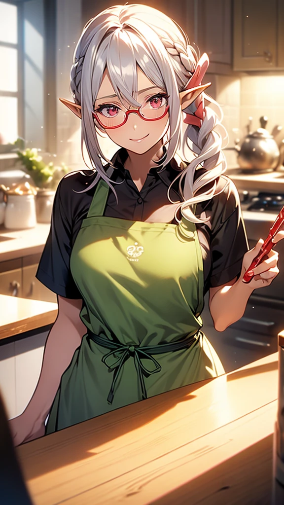 An elf woman, very dark tanned skin, beautiful silver hair, pointed ears, beautiful red eyes, thick pink lips, hair tied up with a hair tie, wearing an apron, living room, kitchen, under-rimmed glasses , upper body description, gentle smile, smile, open lips, close-up